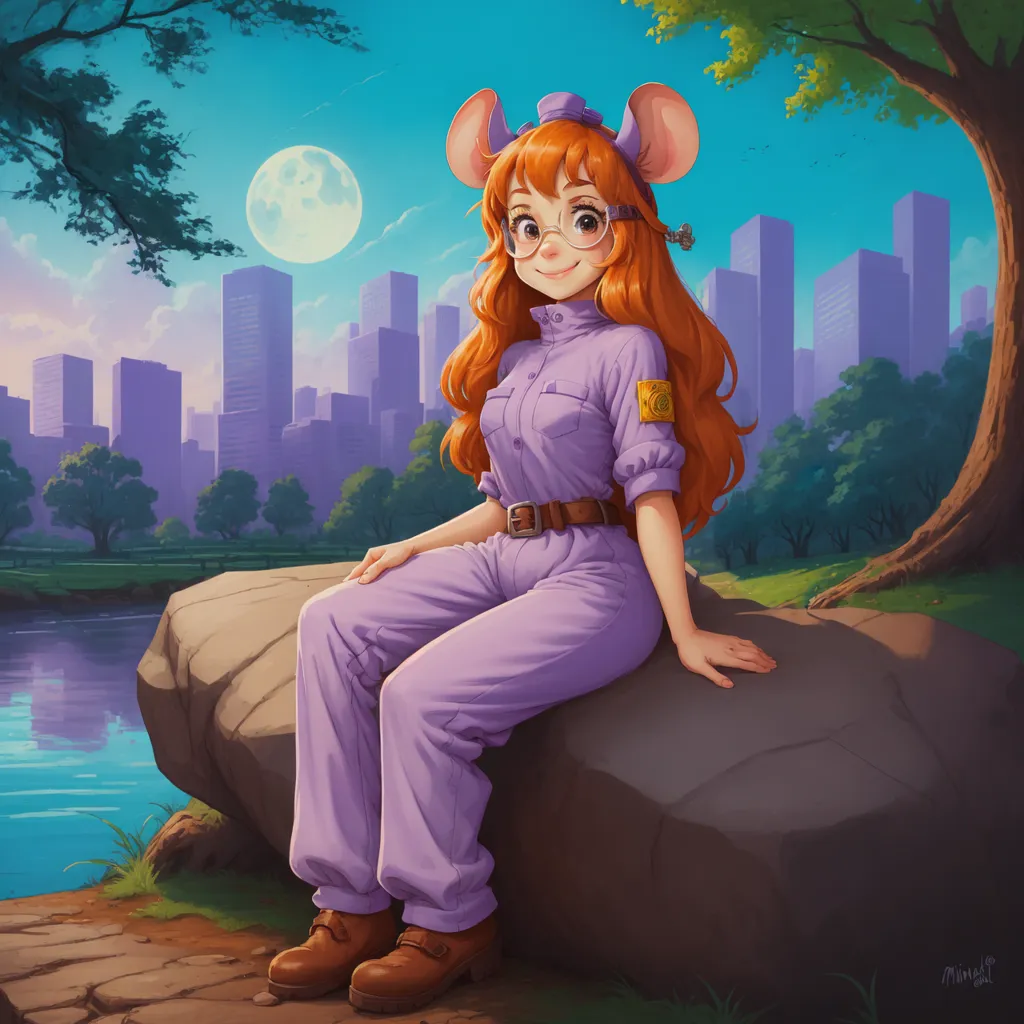 Gadget Hackwrench is sitting on a rock in a park. She is wearing her purple jumpsuit and brown boots. She has her hair in a ponytail and is wearing glasses. She is smiling and looks happy. In the background, there is a city with tall buildings and a river. The moon is in the sky.