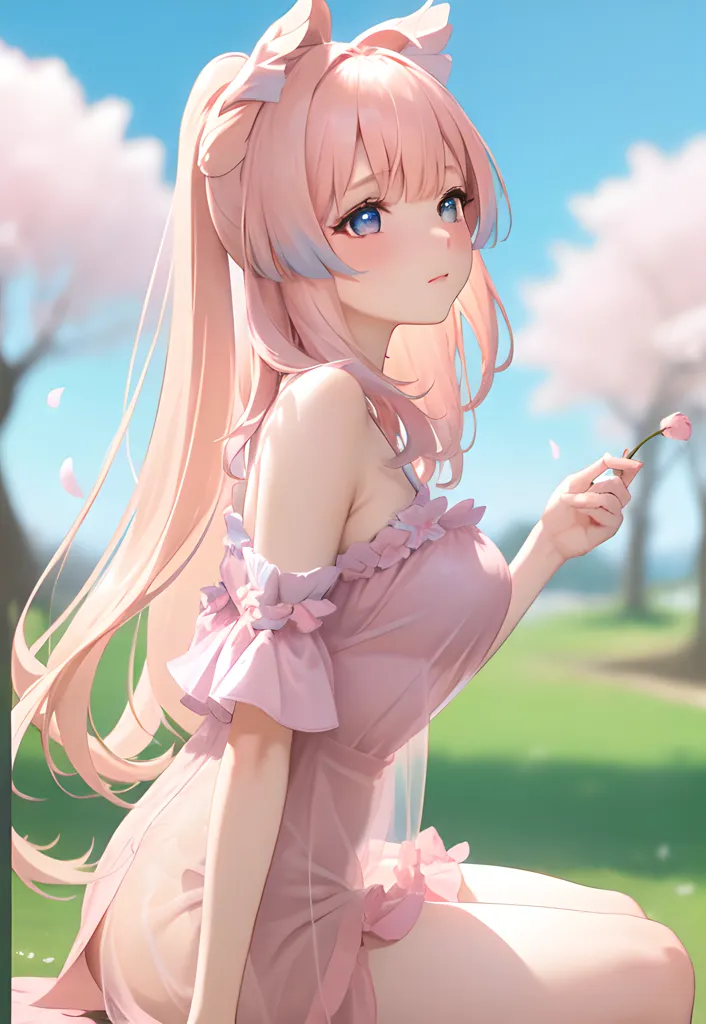 The image is of a young woman with pink hair and blue eyes. She is wearing a pink dress with a white camisole. She is sitting on a rock in a field of flowers. There are trees in the background and a blue sky with white clouds. The woman is holding a pink flower in her right hand. She is looking at the flower with a gentle smile on her face.