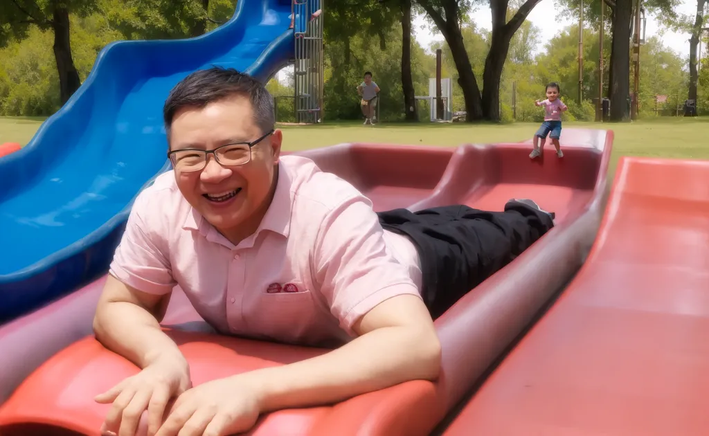 A man is lying on his stomach on a red slide at a playground. He is wearing a pink shirt and black pants. He has glasses on and is smiling. There is a blue slide next to him. There are trees and a swing set in the background. A little boy is climbing up the blue slide. Another little boy is walking towards the red slide.