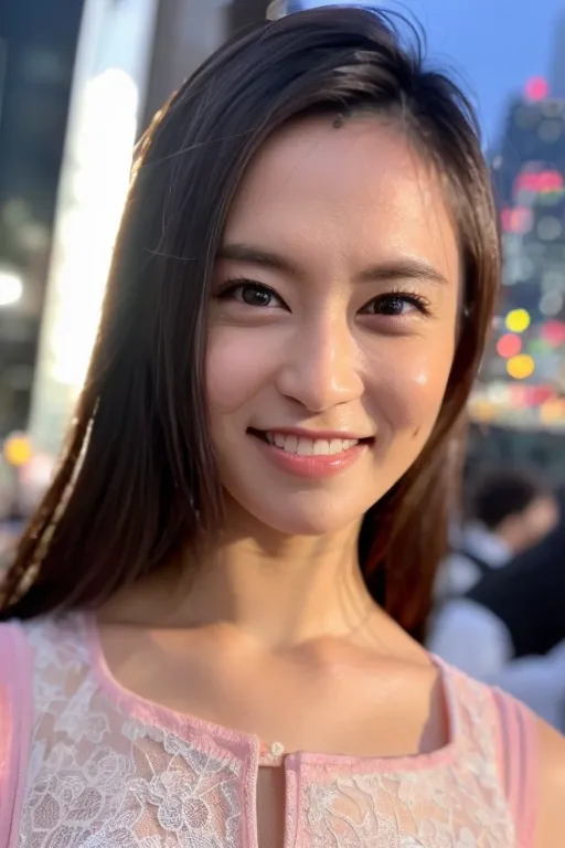 Esta es una foto de una mujer joven con el cabello largo y oscuro. Lleva un vestido rosa con un sobrepuesto de encaje blanco. La mujer tiene una sonrisa brillante en su rostro y mira directamente a la cámara. Está de pie frente a un fondo borroso de luces de la ciudad.