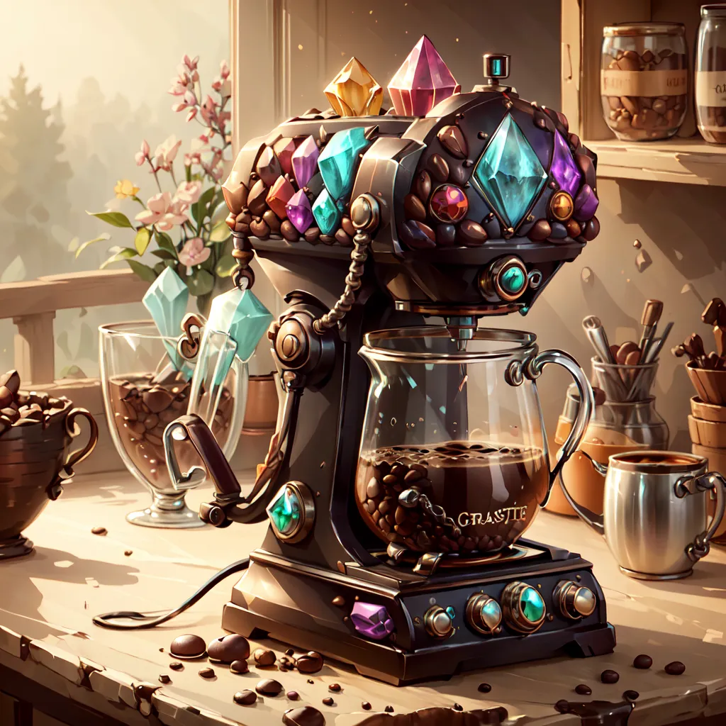 A imagem mostra uma máquina de café decorada com gemas e cristais coloridos. A máquina de café está sentada em uma mesa de madeira e há grãos de café espalhados ao redor dela. Há um frasco de vidro cheio de grãos de café e uma xícara de café na mesa. No fundo, há uma prateleira com potes e outros objetos. A máquina de café é o foco principal da imagem e é muito detalhada. As cores das gemas e cristais são vibrantes e a imagem geral é muito visualmente atraente.