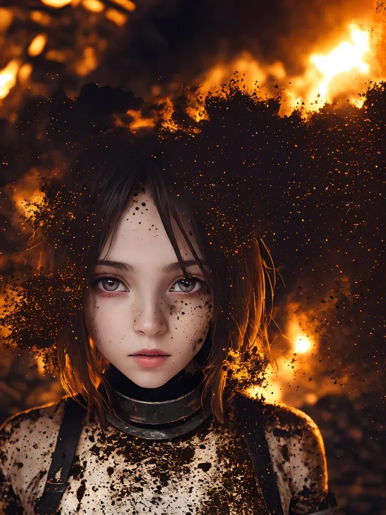 This is an image of a young woman with dark hair and brown eyes. She is covered in soot and dirt, and her face is streaked with tears. She is standing in front of a burning building, and the flames are reflected in her eyes. The image is full of emotion and drama, and it captures the horror and devastation of war.