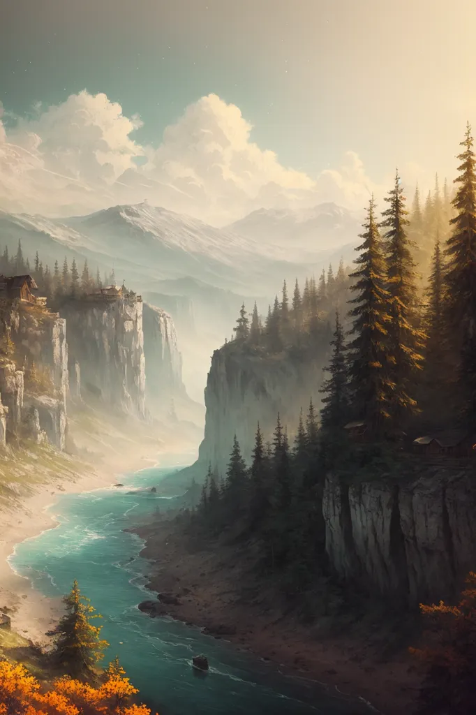 The image is a beautiful landscape painting. It shows a wide river flowing through a valley between two tall cliffs. The cliffs are covered in lush green trees and there is a small waterfall on the left side of the image. In the background, there are snow-capped mountains. The sky is a clear blue and there are a few clouds dotting the sky. The image is very peaceful and serene.