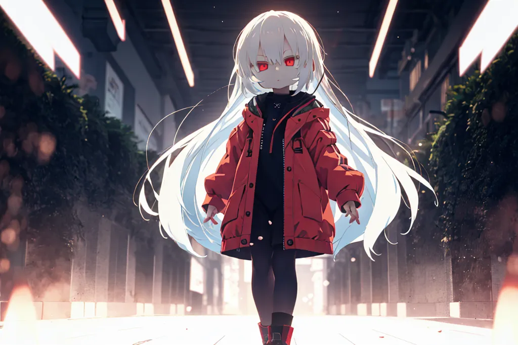 The image is an anime-style drawing of a young girl with long white hair and red eyes. She is wearing a red jacket, black pants, and red boots. The girl is standing in a dark alleyway, surrounded by tall buildings. The only light comes from a few street lamps. The girl's expression is serious and determined. She looks like she is about to face a challenge.