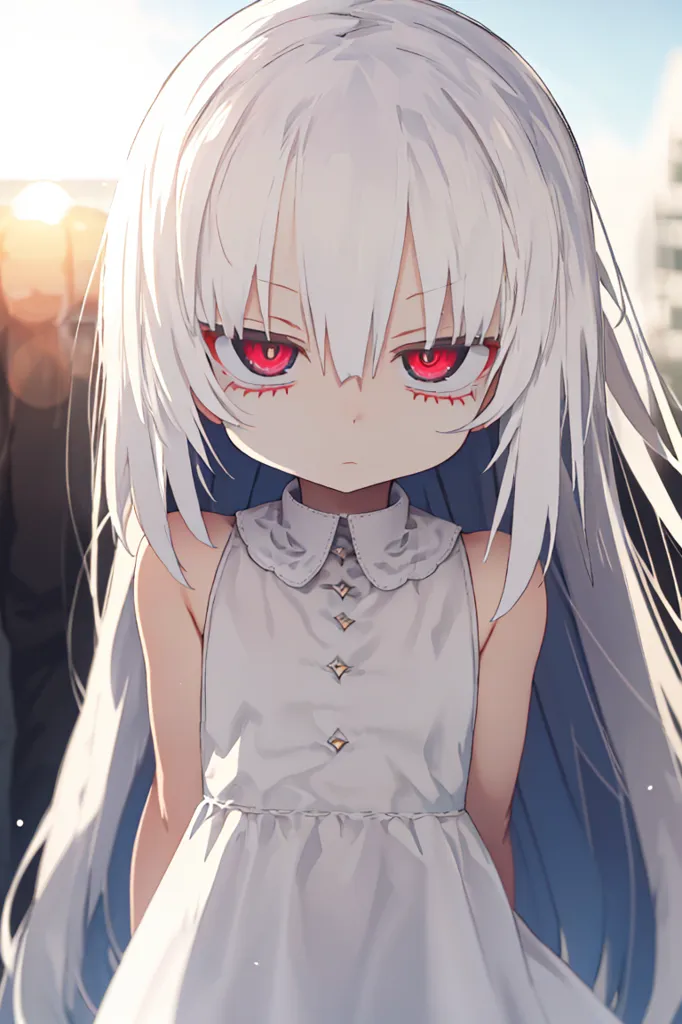 The image is of a young girl with white hair and red eyes. She is wearing a white dress with a collar. The girl has a serious expression on her face. She is standing in a city, with a large building in the background. The sky is light blue and there are some clouds in the distance.