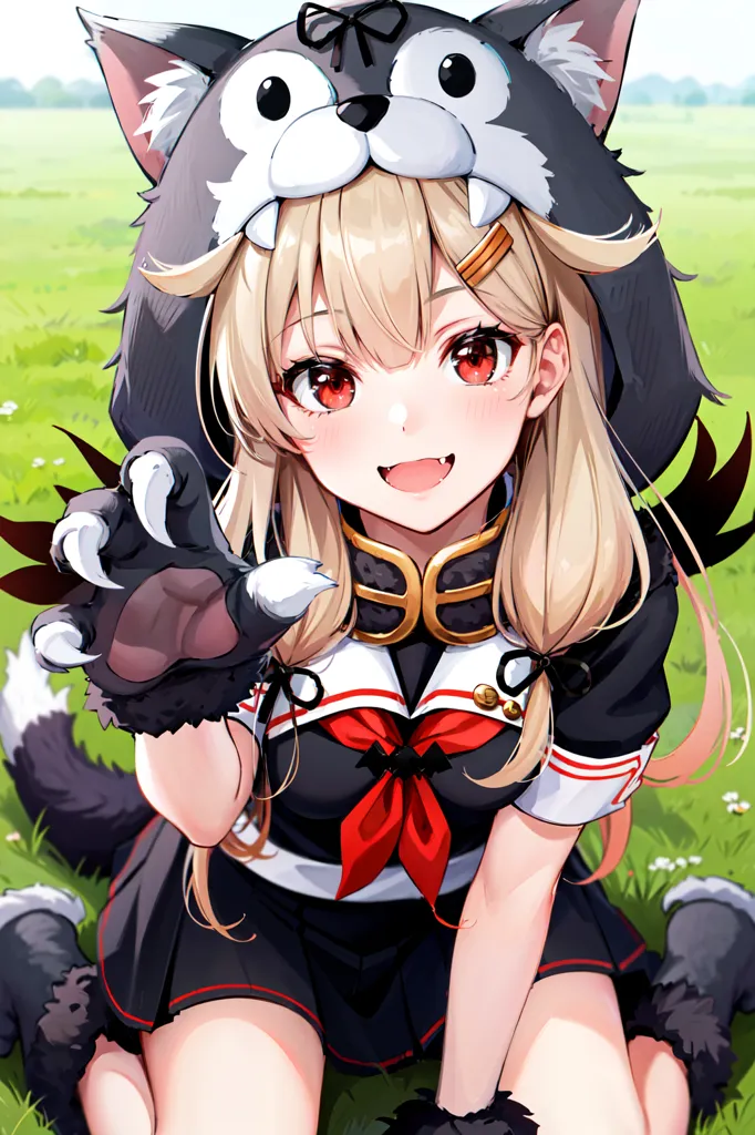 A imagem é de uma garota de anime com cabelos loiros longos e olhos vermelhos. Ela está usando um uniforme de marinheiro preto e branco com uma gravata vermelha. Ela também tem um chapéu de lobo com orelhas e uma cauda. Ela está sentada na grama e tem uma mão levantada com garras.