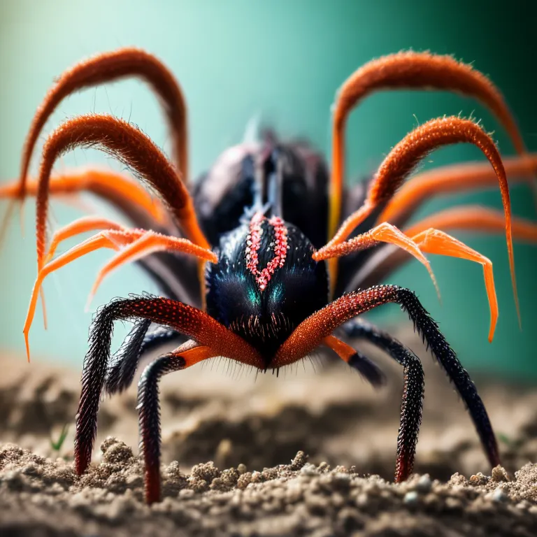 The image depicts a black and red spider with long, thin legs. The spider has a red head and a black abdomen with red spots. Its eyes are blue and it has a pair of red antennae. The spider is standing on a brown surface, which appears to be sand or dirt. The background is green and out of focus. The spider is in the center of the image and is facing the viewer.