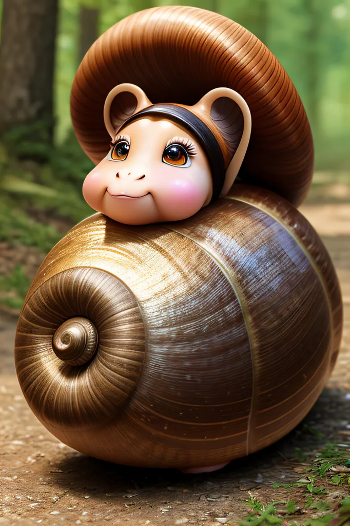 The image shows a snail with a large brown shell. The snail has a face with big eyes, a small nose, and a mouth. It is smiling. The snail is sitting on a forest floor. There are green leaves and brown branches in the background.