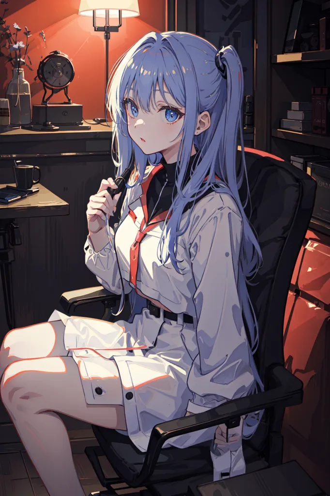 The image depicts a young woman with long blue hair and blue eyes. She is sitting in a chair, with one leg crossed over the other. She is wearing a white shirt, with a red and black striped tie, and a white skirt. The woman is holding a pen in her right hand and has a thoughtful expression on her face. She is sitting in a dimly lit room, with a desk lamp on the table next to her. There are bookshelves on the wall behind her.