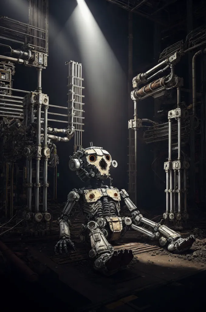 The image is a dark and dirty factory. There is a large, metal robot sitting in the center of the factory. The robot is made of many different parts, and it looks like it has been put together from scrap metal. The robot has a skull-like head, and it is missing its left arm and leg. There are several large machines in the background of the factory, and there are pipes and wires running all over the place. The image is very detailed, and it looks like it could be from a science fiction movie.