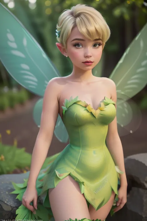 The image is a 3D rendering of a fairy with blonde hair and green wings. She is wearing a green dress with leaf-like details. The fairy is sitting on a rock in a forest setting. She is looking at the viewer with a slightly seductive expression. The image is high-quality and the details are very well-rendered.