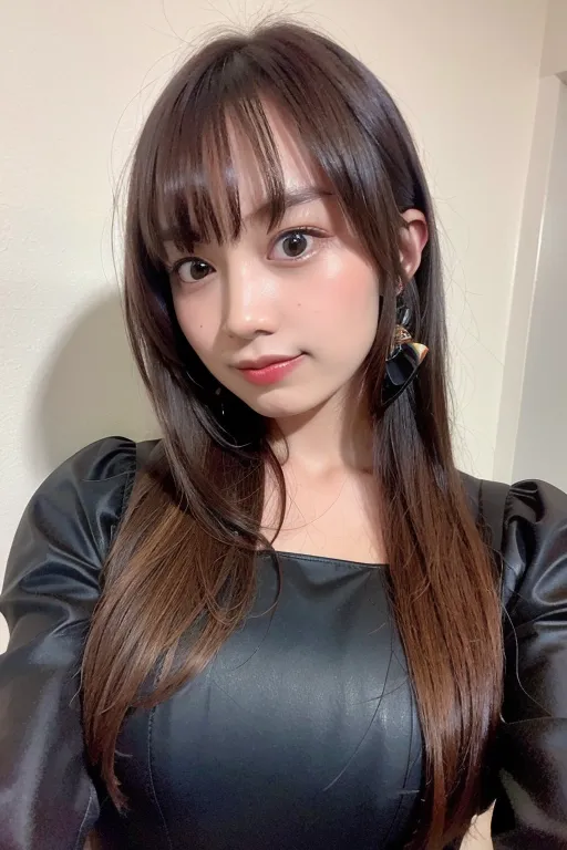 The image shows a young woman with long brown hair and bangs. She is wearing a black leather dress with a sweetheart neckline. The dress has puffy sleeves. She is also wearing black earrings. Her makeup is natural with a light pink blush and lipstick. She is looking at the camera with a slight smile.