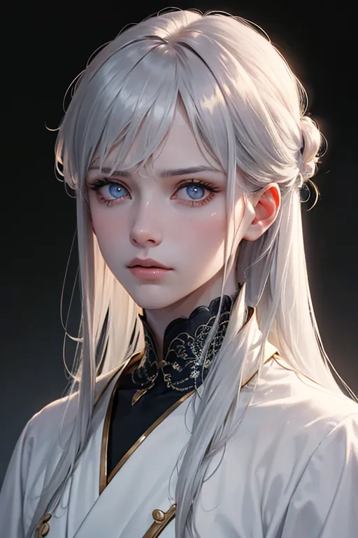 La imagen es una pintura digital de una mujer joven con el cabello blanco largo y ojos azules. Ella está usando un hanfu blanco y dorado con un cuello negro. El fondo es gris oscuro. La expresión de la mujer es seria y reflexiva.