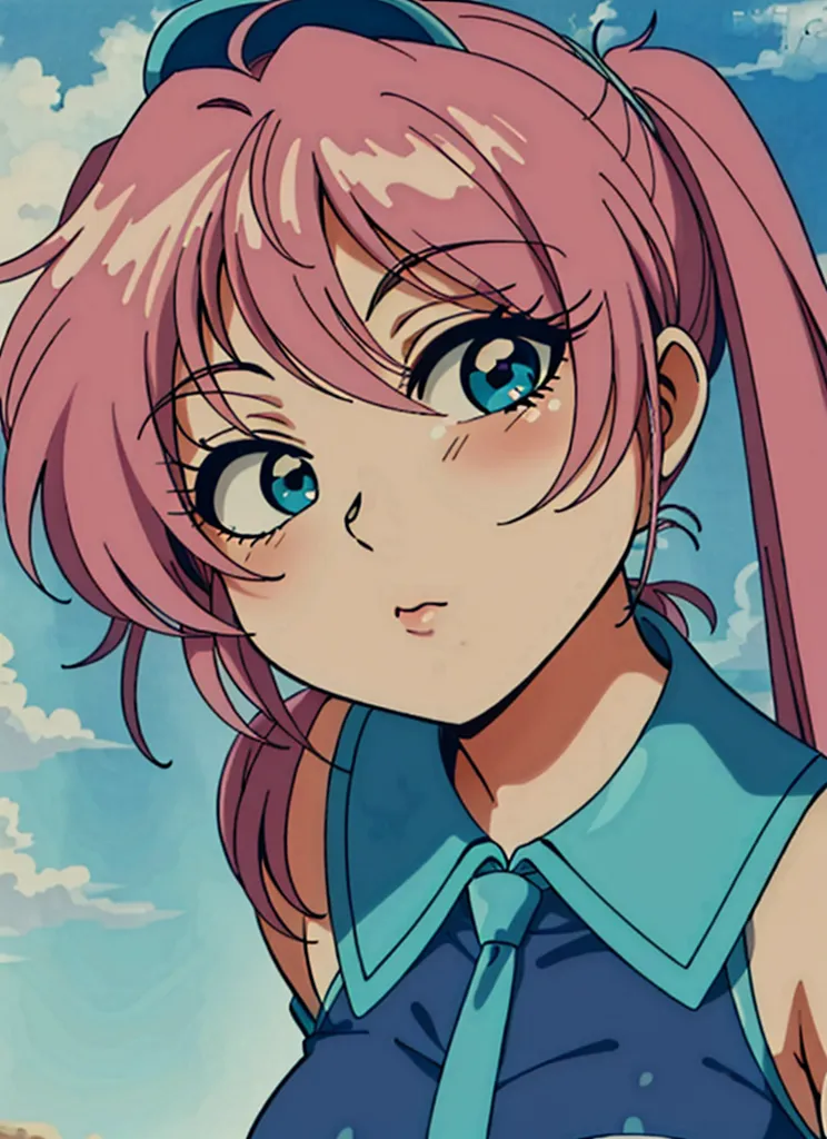 A imagem é de uma jovem mulher com cabelos rosa e olhos azuis. Ela está usando uma camisa azul com um colarinho branco. A imagem é desenhada em um estilo anime.