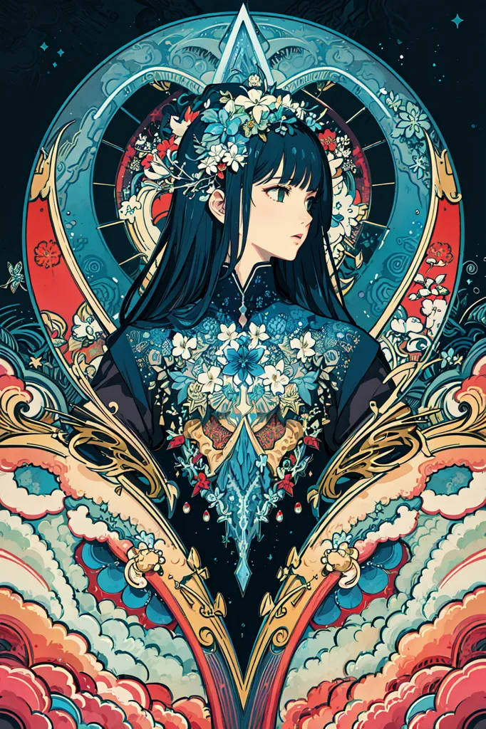 This is an image of a young woman with long black hair and blue eyes. She is wearing a black cheongsam with white and blue floral embroidery. The cheongsam has a high collar and a long slit on one side. She is also wearing a white and blue floral headdress with a long veil. The woman is standing in front of a dark blue background with a red and white floral pattern. There are also some white and blue clouds in the background. The woman is looking at the viewer with a serious expression.