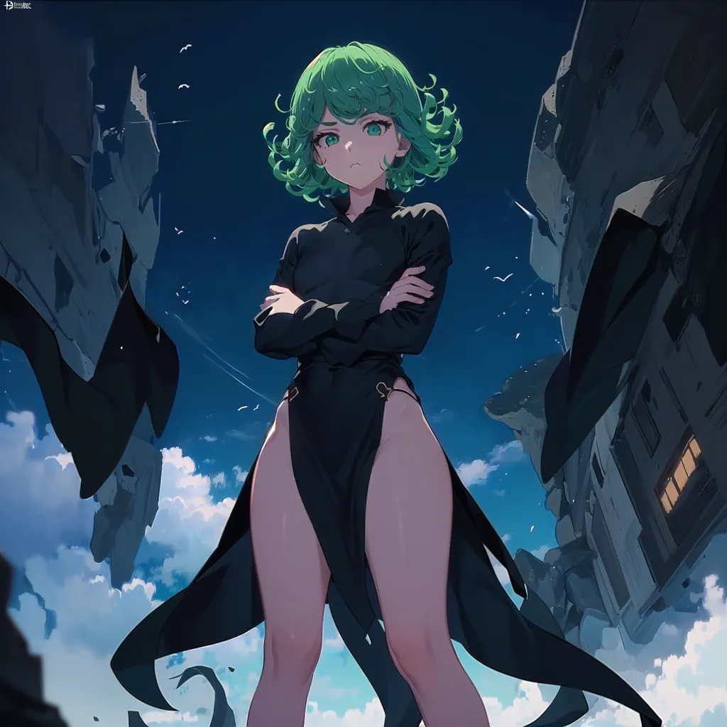 The image is of a young woman with green hair and eyes. She is wearing a black dress with a high collar and a long slit in the skirt. She is standing in a defiant pose, with her arms crossed and her eyes narrowed. The background is a dark, stormy sky with clouds and debris. The woman is likely a superhero or a villain, and she is ready to fight.