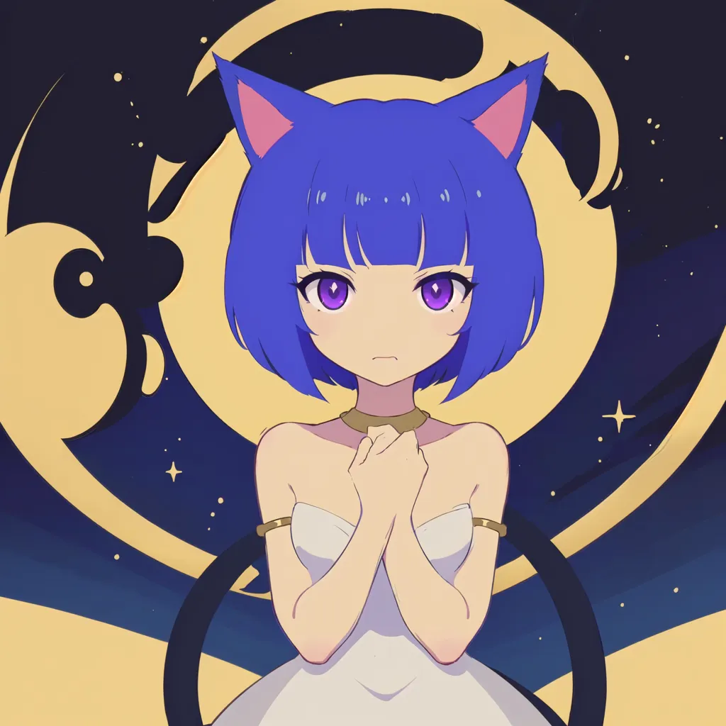 L'image représente une catgirl de style anime aux cheveux bleus et aux yeux violets. Elle porte une robe blanche avec un col jaune et a des oreilles et une queue de chat. Elle se tient devant une lune jaune avec un ciel étoilé.