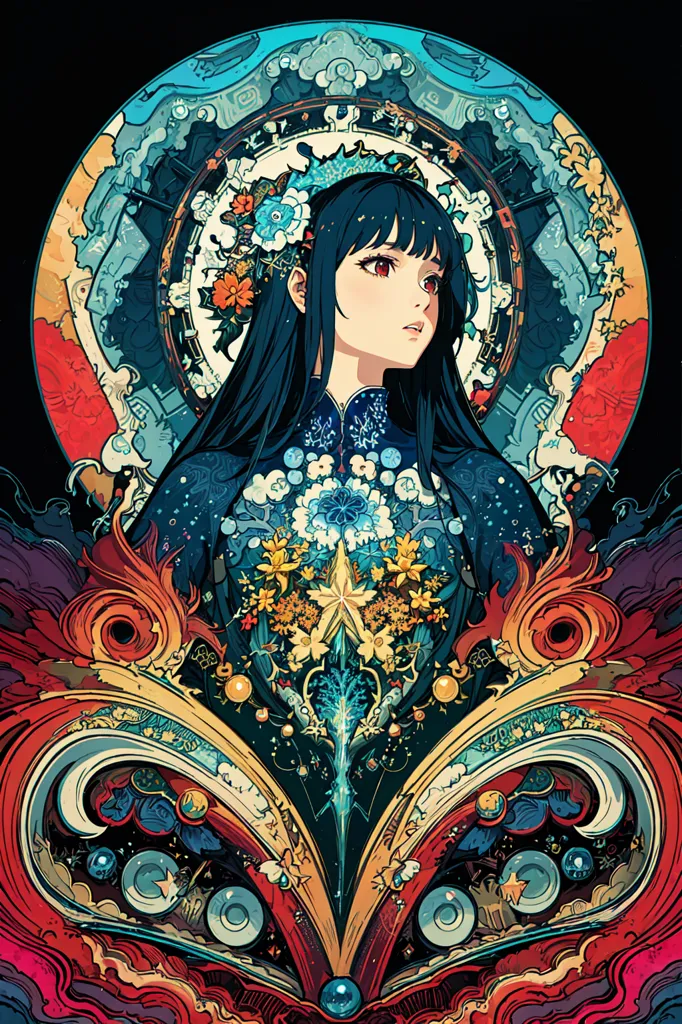 This is an image of a young woman with long black hair and red eyes. She is wearing a traditional Chinese dress with a blue and white pattern. The dress is decorated with flowers and other natural elements. The background is a dark blue color with a circular pattern in the center. The woman is standing in front of a large red and gold frame that is decorated with flowers and other natural elements.