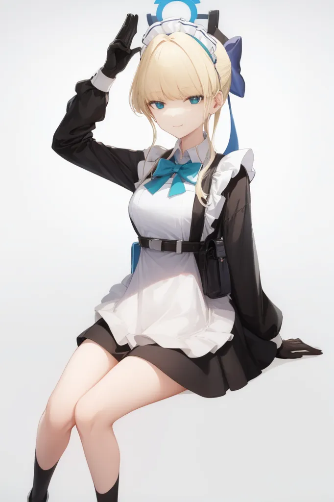 The image depicts a young woman with blonde hair and blue eyes. She is wearing a black and white maid outfit with a blue bow in her hair and a blue bow on her chest. She is also wearing a black belt with a gun holster on her right side. She is sitting in a relaxed pose with her left hand on her head and her right hand resting on her lap. She has a confident smile on her face.