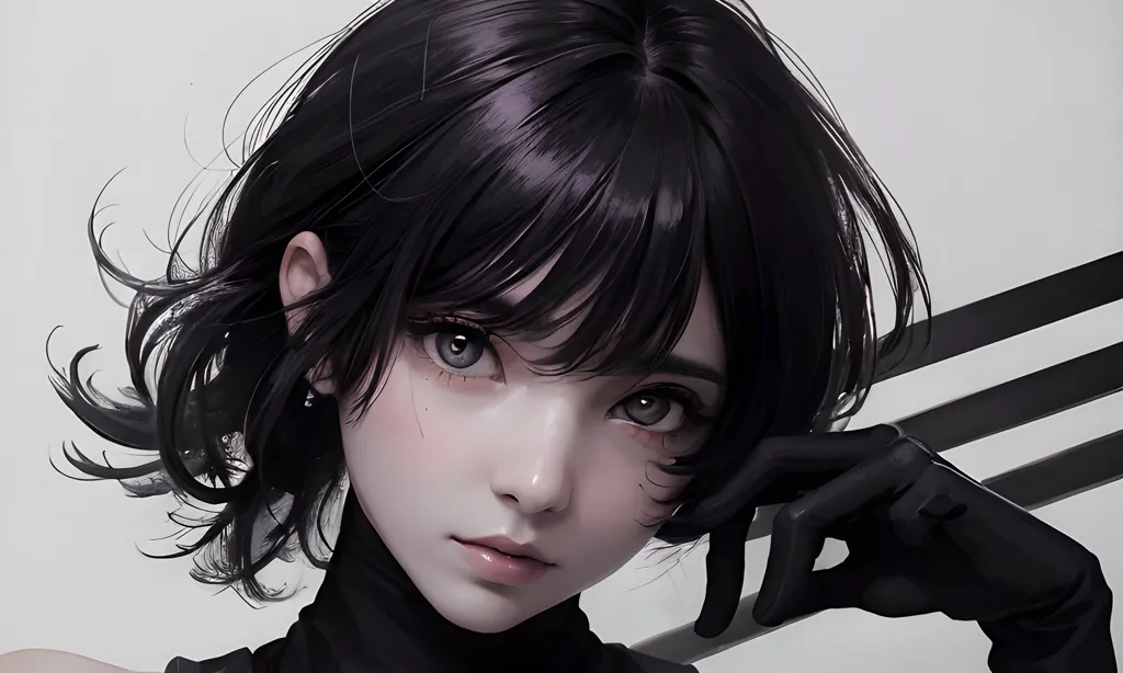 La imagen es una pintura digital de una mujer joven con cabello negro corto y ojos grises. Lleva un jersey de cuello alto negro y un guante negro en la mano derecha. El fondo es de un gris claro. La expresión de la mujer es seria y reflexiva.