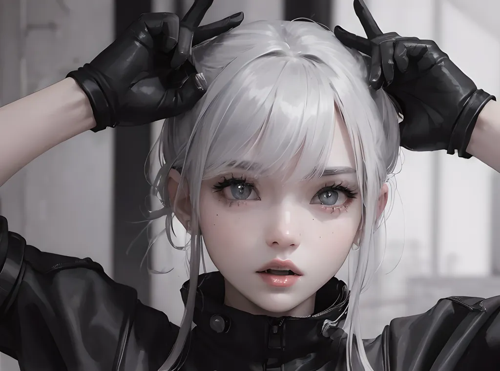 The image is a digital painting of a young woman with white hair and blue eyes. She is wearing a black leather jacket and black gloves. She is holding her hair up with her hands and looking at the viewer with a surprised expression on her face. The background is a blurred grey.