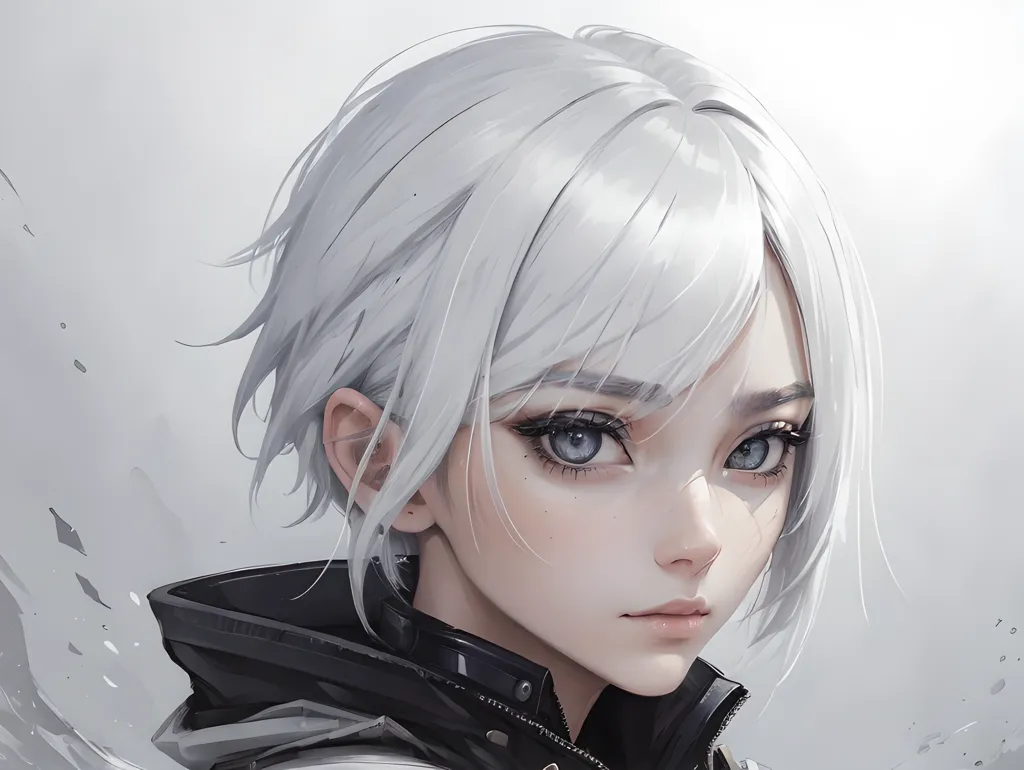 The image is a digital painting of a young woman with short white hair and gray eyes. She is wearing a black jacket with a white collar. The background is a light gray. The woman's expression is serious and thoughtful.