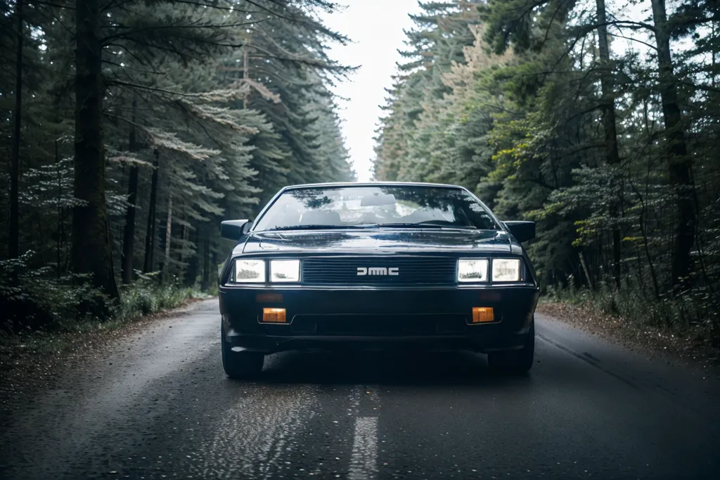 L'image montre une voiture de sport noire DeLorean DMC-12 garée sur une route en asphalte dans une forêt. La voiture fait face à la caméra. Elle a des portes à ailes de mouette et une carrosserie distinctive en forme de coin. La voiture est entourée de grands arbres. Le sol est recouvert de feuilles tombées. L'image a une atmosphère rétro-futuriste.