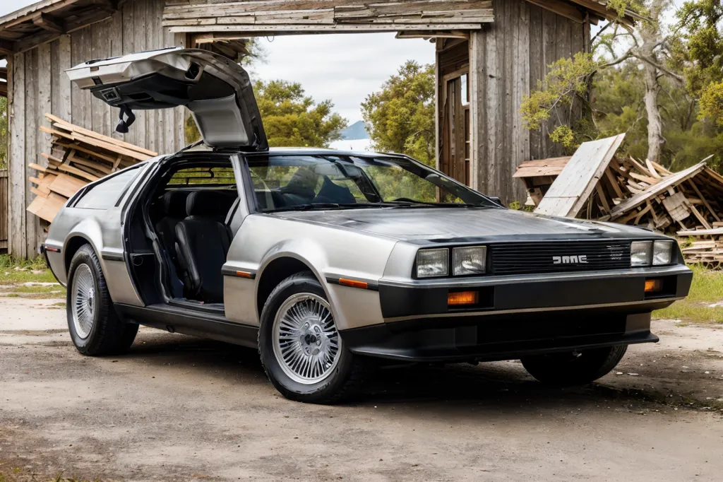 The image shows a silver DeLoreanDMC-12 sports car parked in front of a barn. The car has its gull-wing doors open. The barn is made of wood and has a large open door. There is a pile of scrap wood next to the barn. In the background, there are some trees.