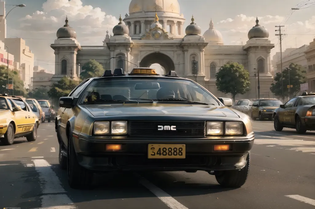 A DeLoreanDMC-12 automobile is driving down a busy street in a Middle Eastern City. The street is lined with palm trees and buildings with ornate architecture. The DeLorean is black with a yellow license plate that says \