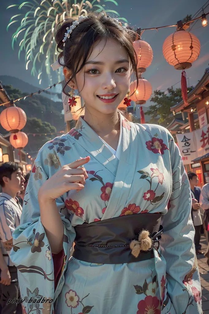 La imagen muestra a una mujer joven que lleva un kimono. El kimono es de color azul con un patrón floral. También lleva un obi negro. Su cabello está peinado en un estilo tradicional japonés. Está sonriendo y tiene una expresión amigable en su rostro. Está de pie en una calle decorada con faroles de papel. También hay personas caminando en el fondo.