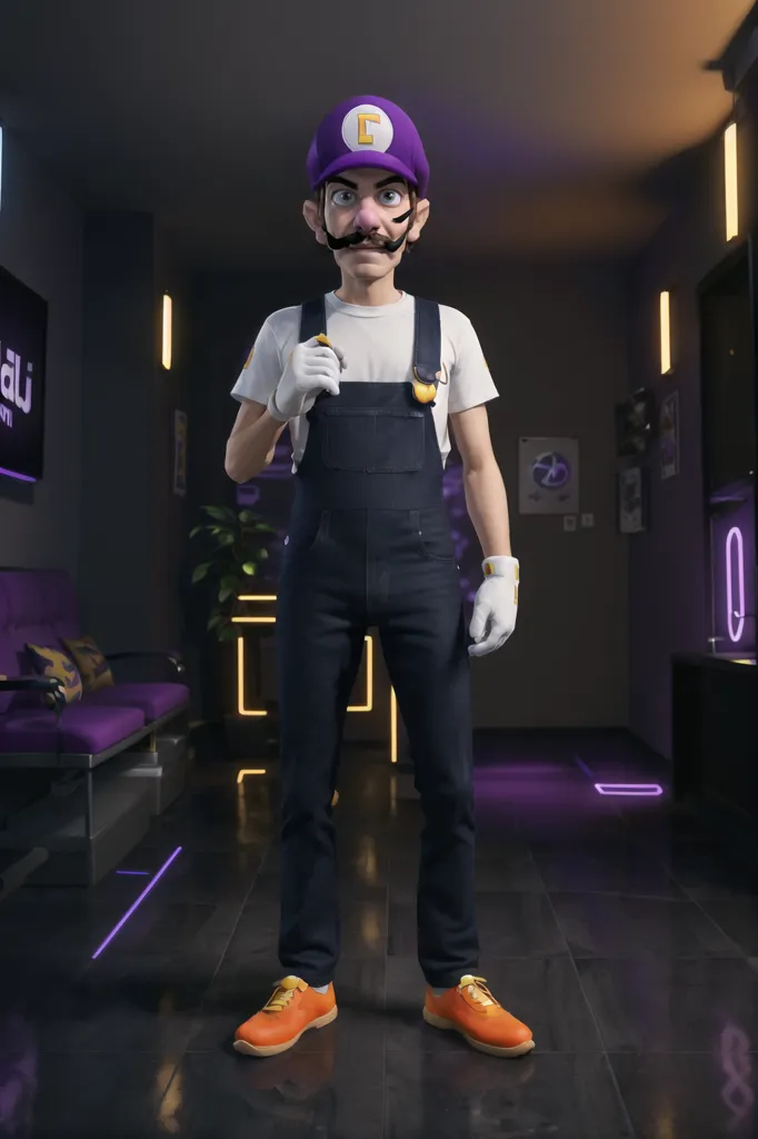 The image shows a photorealistic render of Waluigi, a character from the Mario series. He is wearing his signature purple hat and overalls, as well as a white T-shirt and brown shoes. He is standing in a modern living room, with a purple neon light on the floor and a purple couch in the background.