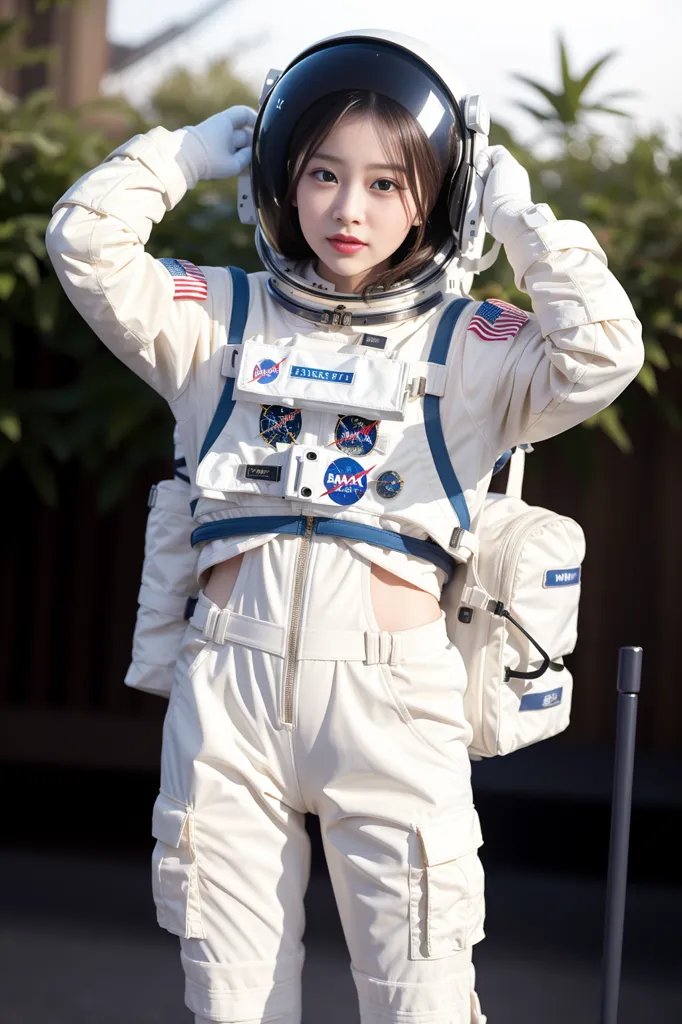 This is an image of a young girl in a spacesuit. She is wearing a white spacesuit with a blue and red patch on the arm. The spacesuit has a clear bubble helmet. She is standing in front of a green background.