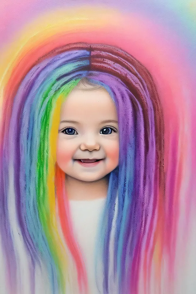 A imagem mostra um bebê com cabelos coloridos com arco-íris. O bebê está sorrindo e tem olhos azuis. O fundo é de uma cor rosa suave. O cabelo do bebê é composto por diferentes cores, incluindo vermelho, laranja, amarelo, verde, azul e roxo. O cabelo do bebê é longo e fluido. O bebê está usando uma camisa branca. O rosto do bebê está feliz e sorridente.