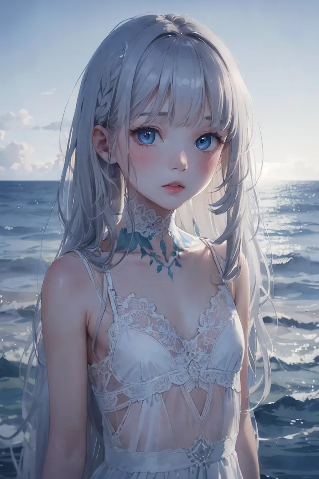 La imagen es una pintura de una mujer joven con el cabello blanco largo y ojos azules. Está usando un vestido blanco con un camisón de encaje. La mujer está de pie en una playa, con el océano detrás de ella. El agua es de un color azul profundo y las olas se estrellan contra la orilla. El cabello de la mujer se mueve con el viento y tiene los ojos cerrados. Tiene una expresión serena en su rostro.