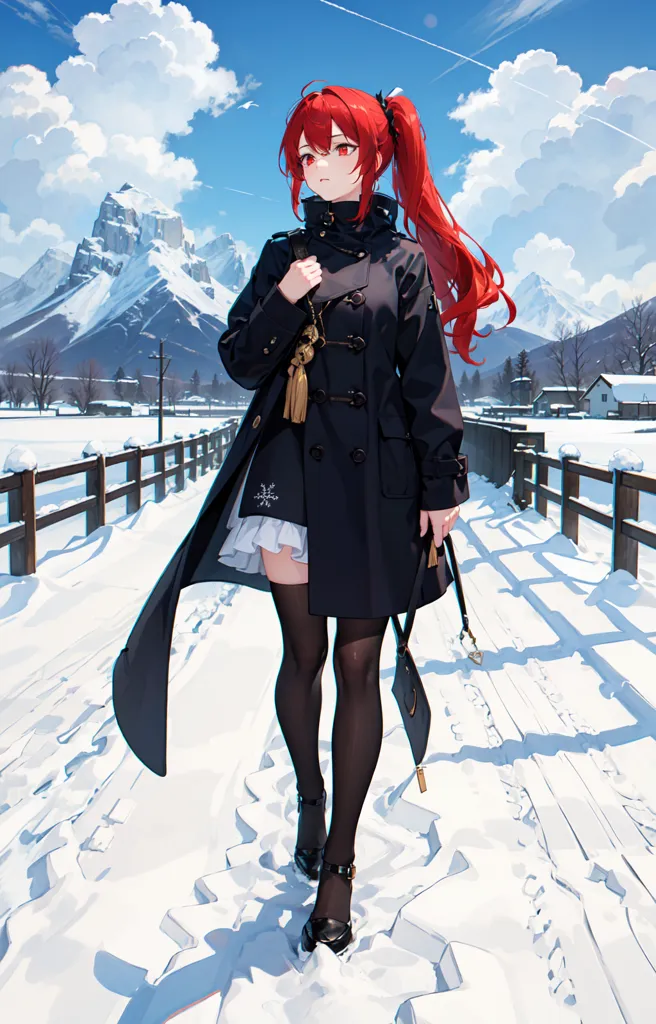 This image shows a young woman with long red hair and red eyes. She is wearing a black coat with a white skirt and black boots. She is walking on a snowy path in the mountains. There are trees and houses in the background. The sky is blue and there are some clouds.