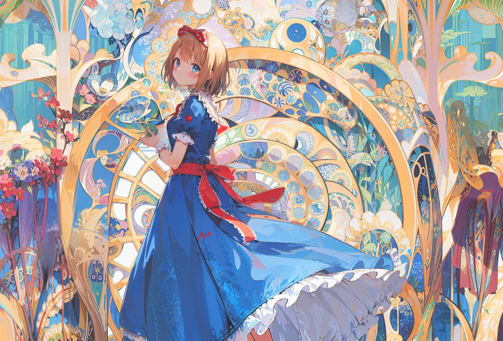 The image is a painting of a girl in a blue dress with a red ribbon in her hair. She is standing in a colorful forest with a large stained glass window behind her. The window is made up of many different colors and shapes, and it depicts a variety of scenes, including a forest, a lake, and a castle. The girl is holding a small green creature in her hand, and she has a curious expression on her face. The painting is done in a realistic style, and the colors are very vibrant.