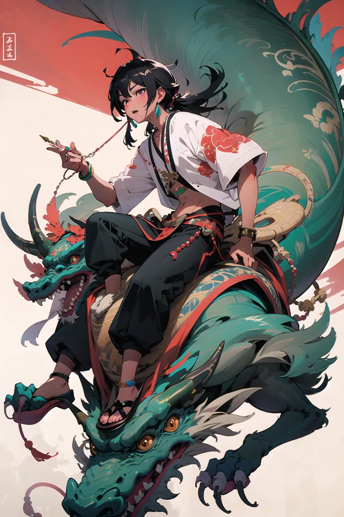 La imagen es de un hombre joven con el cabello negro largo y ojos rojos. Lleva una camisa blanca con diseños florales rojos y rosas, y pantalones negros. Está sentado sobre un dragón verde y azul, sosteniendo una pipa en su mano derecha. El dragón tiene dos cabezas, una de las cuales mira al hombre mientras la otra mira al espectador. El dragón tiene un cuerpo largo y serpentino con escamas verdes y un vientre blanco. El hombre está sentado en la espalda del dragón, con las piernas cruzadas. Tiene una expresión confiada en su rostro. El fondo es un degradado de rojo y blanco.