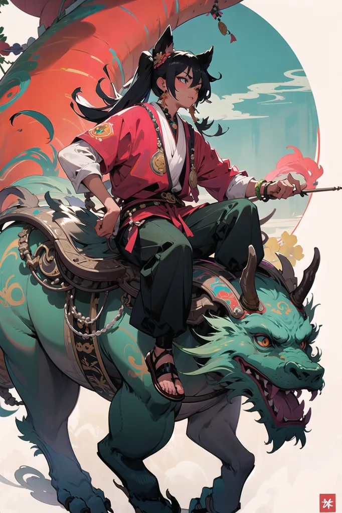 The image is of a young woman riding on a green and gold dragon. The woman is wearing a red and white outfit with a long ponytail and holding a pipe in her right hand. The dragon has a long serpentine body with fur on its back and large curved horns. It is running on all fours with its tail raised in the air. The background is a light blue sky with white clouds.