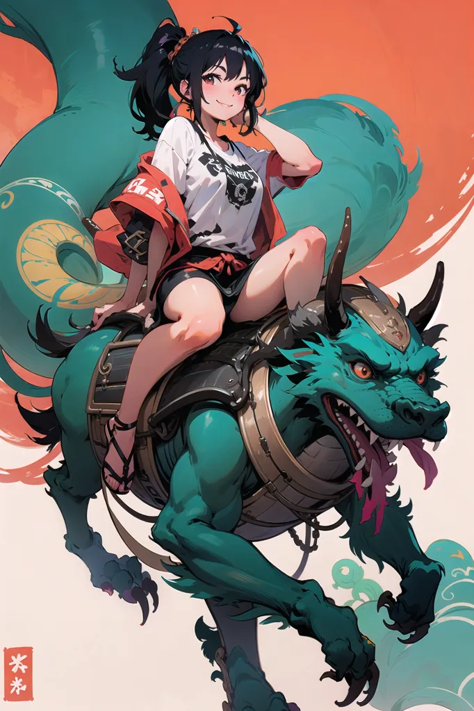 The image is of an anime girl with long black hair and brown eyes. She is wearing a white shirt, red jacket, and black shorts. She is riding on the back of a green dragon with a saddle. The dragon has blue-green scales and a long tail. The girl is smiling and has her hand on the dragon's head. The background is white with a peach-colored circle in the upper right corner.