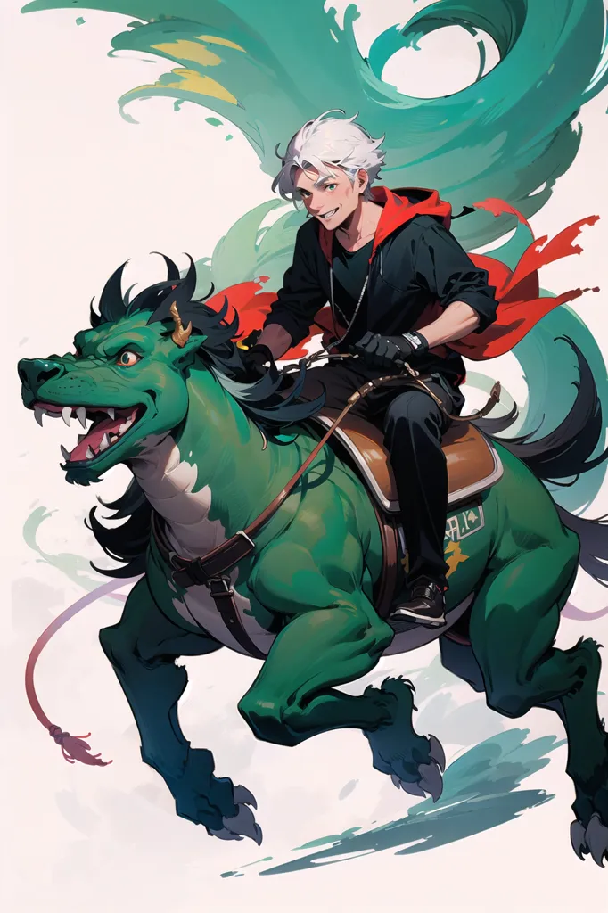 The image is of a young man with white hair and green eyes. He is wearing a black jacket with a red hood and black pants. He is riding on a green horse-like creature with black and green hair. The creature has a saddle and reins, and the man is holding the reins. The creature is running, and its mane and tail are flowing in the wind. The background is white with green and blue accents.