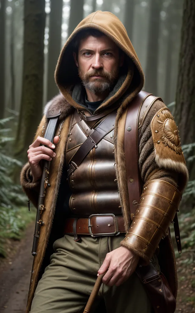 This image shows a man dressed in a fantasy-style outfit, including a brown leather jerkin with fur trim, a metal breastplate, and a brown leather belt with a pouch attached to it. He is also wearing a brown leather gauntlet on his left hand. He has a sword sheathed on his back and is holding a staff in his right hand. He is standing in a forest, and there are trees and shrubs in the background.