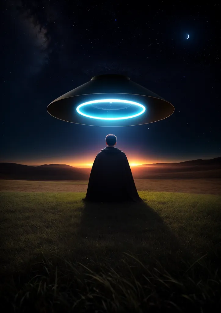 A man is kneeling on a grassy hilltop at night. He is wearing a dark cloak. The night sky is dark and there are stars and a crescent moon. There is a large, dark, flying saucer hovering over him. It is glowing blue around the rim.