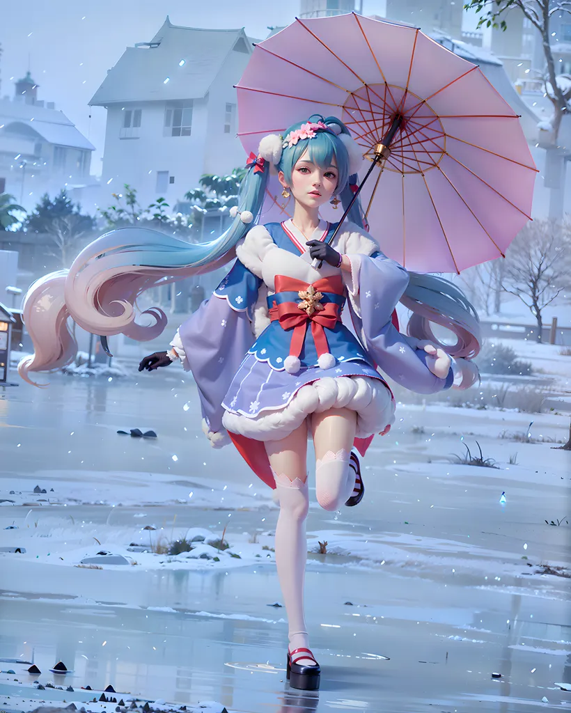 The image is of a young woman in a kimono-style dress walking in the snow. She is carrying a pink umbrella and wearing a fur-trimmed hat and boots. The background is a blurred cityscape with snow-covered houses and trees. The woman is in the foreground and is facing the viewer. She has long blue hair and green eyes. She is smiling and looks happy. The image is very detailed and realistic.