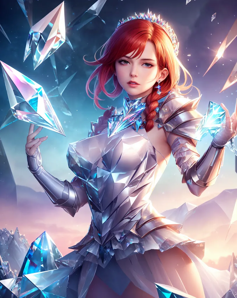 This is an image of a woman with long red hair and blue eyes. She is wearing a silver and blue dress with a white cape. She is also wearing a crown and there are crystals floating around her. She is standing in front of a blue and white background with a mountain range in the distance.