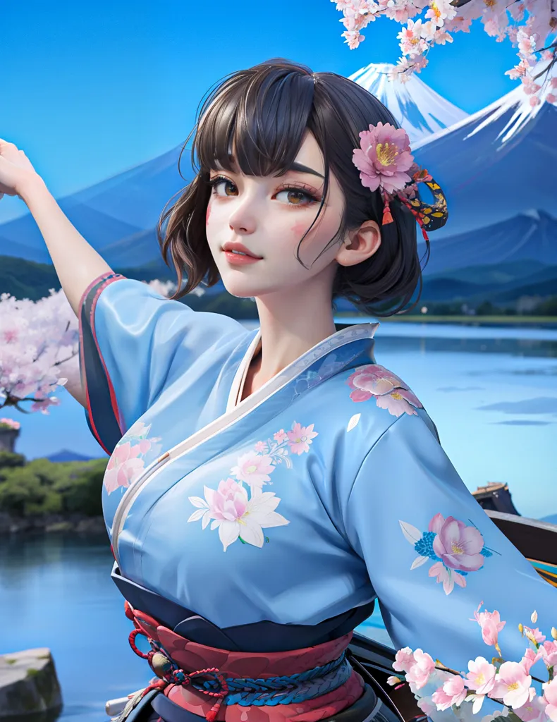 L'image montre une jeune femme, aux cheveux bruns courts, portant un kimono bleu avec des motifs floraux blancs et roses. Il y a aussi quelques fleurs roses dans ses cheveux. Elle se tient debout dans une barque sur un lac avec une grande montagne enneigée en arrière-plan. Le ciel est bleu et le soleil brille.