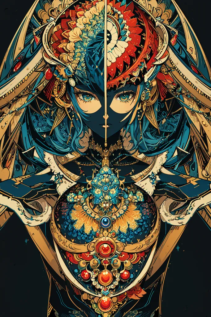 This image is of an anime-style character with blue hair and blue eyes. She is wearing a black bodysuit with gold and red accents. The bodysuit has a large collar and a large gem in the center. She also has a large headdress with red and gold accents. The headdress has a large gem in the center and two large horns on either side. The background is black with a dark blue gradient at the top.