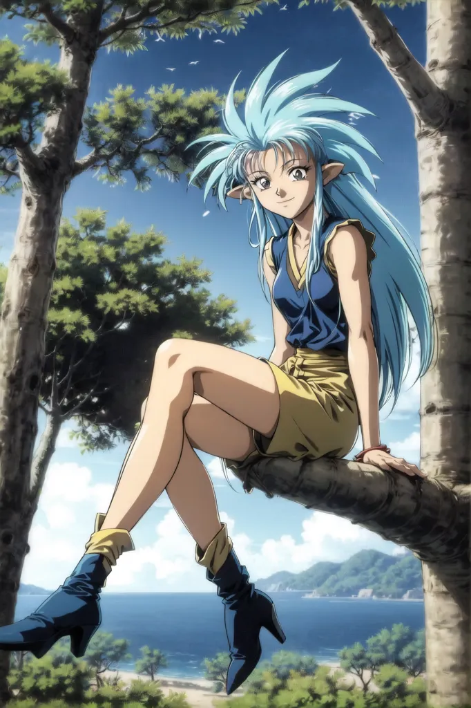 The image is of a young woman with blue hair and blue eyes. She is wearing a blue vest, yellow shorts, and blue boots. She is sitting on a tree branch in a forest. The background is a blue sky with white clouds and a sea. The woman is smiling.