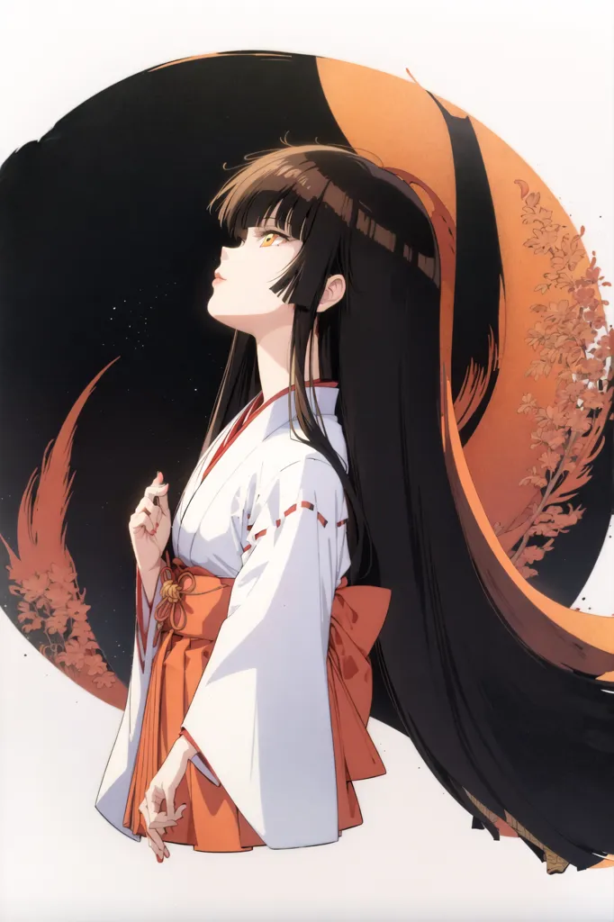 The picture shows a girl in a white and red kimono with long black hair and orange eyes. She is standing in front of a black and white background with a crescent moon and some orange and red leaves. The girl is looking up at the moon with a serene expression on her face.