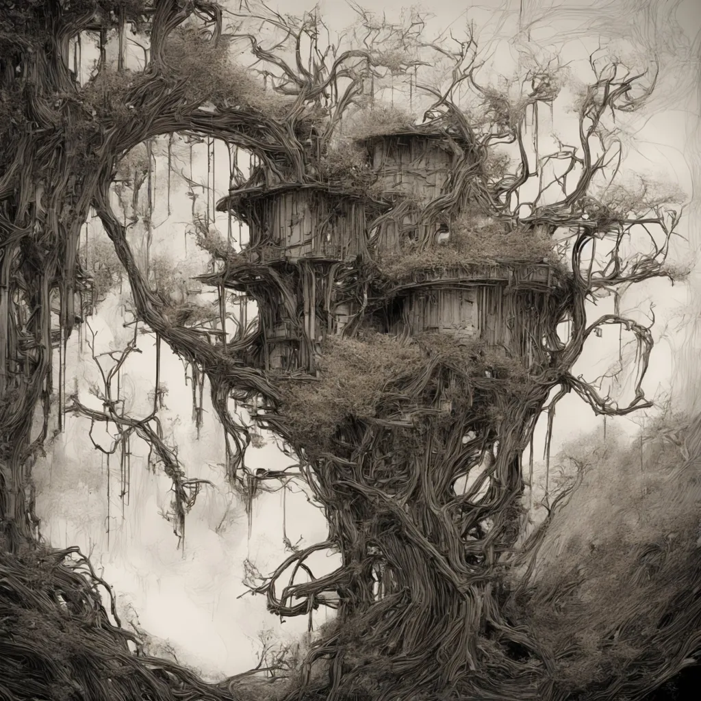 The image is a black and white digital painting of a treehouse. The treehouse is built in a large tree with many branches. The treehouse is made of wood and has several rooms. There is a door on the front of the treehouse and a window on the side. The treehouse is surrounded by leaves and branches.