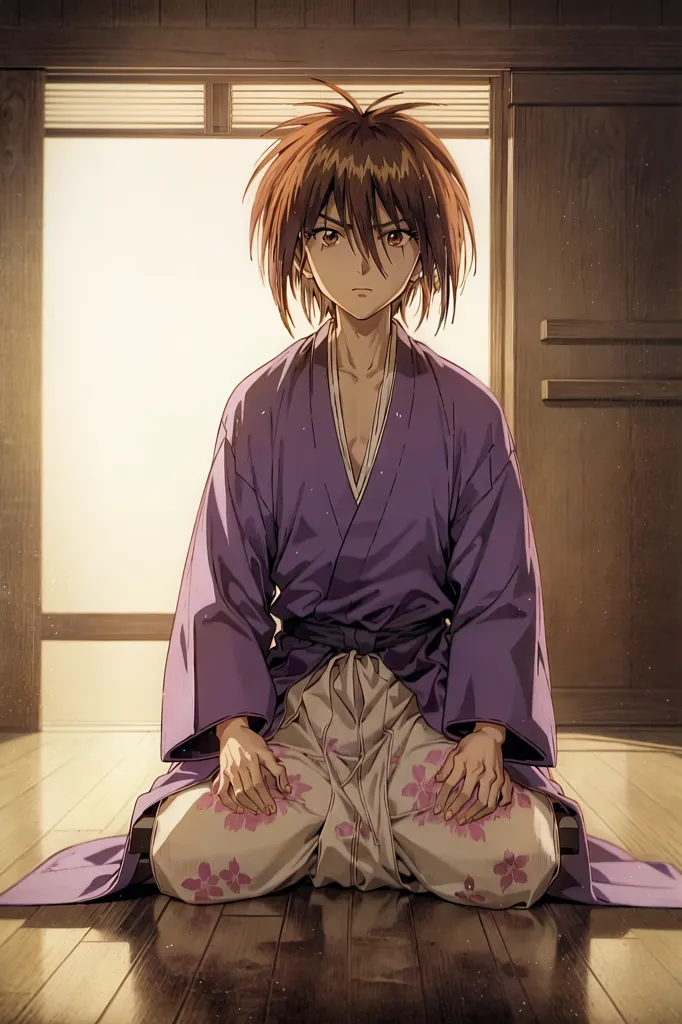 Esta es una imagen de un hombre joven con un kimono morado, cabello castaño largo y ojos rojos. Está sentado en el piso de una casa japonesa tradicional. El fondo es una pared de madera con una puerta corrediza. El hombre tiene una expresión seria en su rostro.